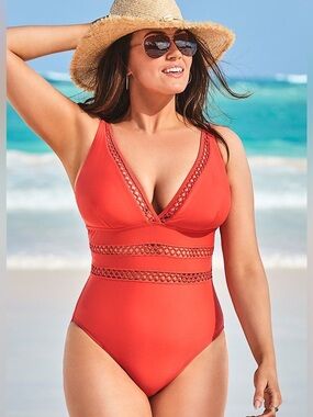 Swimsuits For All Plus size 20 plunging V-neckline coral swimsuit, NWT